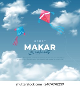 Vektorgrafik von Happy Makar Sankranti Wallpaper mit buntem Drachen in Himmel für das Festival von Indien mit flacher Kunst Vektorflyer Poster-Banner kreativ.