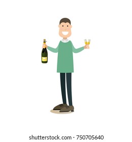 Vector illustration of happy man with bottle of champagne in one hand and wineglasses of champagne in the other. People and relations concept flat style design element isolated on white background.