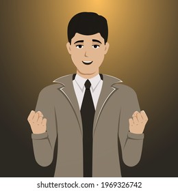 Vector illustration of a happy man celebrating a victory. A smiling successful guy. Person with a joyful mood.