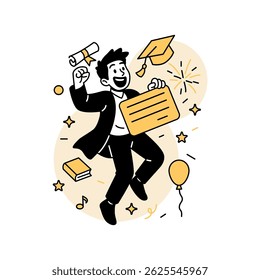 Vector illustration of a happy man celebrating graduation, tossing a cap while holding a certificate and diploma.