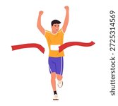 Vector illustration of a happy man crossing a red finish ribbon. Cartoon scene of a male athlete running with his arms raised, a torn red ribbon isolated on a white background. Running competition.