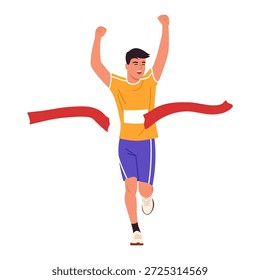 Vector illustration of a happy man crossing a red finish ribbon. Cartoon scene of a male athlete running with his arms raised, a torn red ribbon isolated on a white background. Running competition.