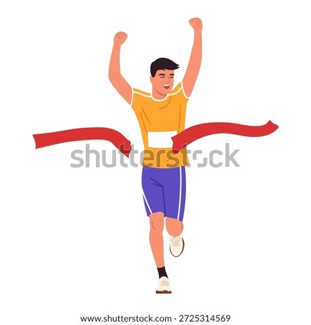 Vector illustration of a happy man crossing a red finish ribbon. Cartoon scene of a male athlete running with his arms raised, a torn red ribbon isolated on a white background. Running competition.