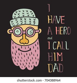 vector illustration of a happy man head in a cap with pink beard and hand lettering text