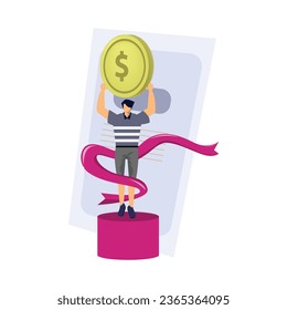 VECTOR Illustration of Happy man holding golden money medal and celebrating victory. Concept of business success, competition winner, champion or leader, triumph, prize award.