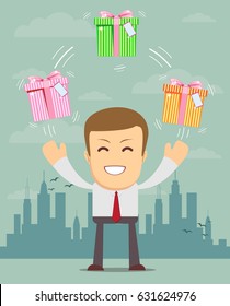 Vector illustration Happy man juggling gift box with bow
