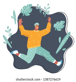 Vector illustration of Happy man is jumping. Human character on dark background.