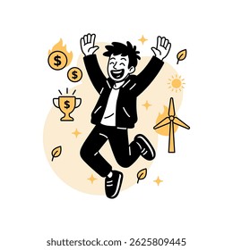 Vector illustration of a happy man jumping in celebration, surrounded by wind energy, dollar signs, leaves, and a trophy, symbolizing profit from renewable and sustainable energy growth.