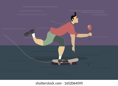 Imagen vectorial de un hombre feliz en un patineta con una flor. Saludo, banner, invitación.