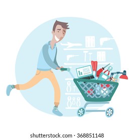 Vector illustration of happy man push cart