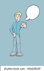 Vector illustration of a happy man speaking and pointing with Speech bubble for text.