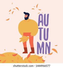 Vector illustration of happy man standing and holding a leaf surrounded by falling leaves outdoors in autumn season clothes