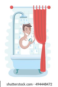 Vector Illustration Of Happy Man Take Shower In The Bathroom