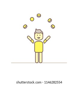 vector illustration. the happy man tossed money. coins over a cheerful person