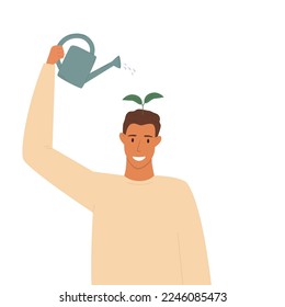 Vector illustration of a happy man watering a sprout on her head from a watering can. The concept of positive thinking, self-improvement, taking care of your mental health.