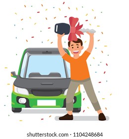 vector illustration a happy man win a car. a surprise man get door prize win a new car. winner a new car. man holding key car with ribbon