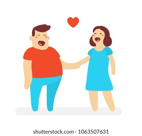 Vector illustration of happy man and woman holding each other's hand on white background. Happy lovers cartoon character concept. Flat style design for web, banner, valentine day card