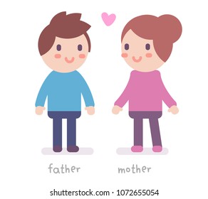 Vector illustration of happy man and woman stand together on white background. Happy parent cartoon character concept. Flat style design for web, banner, valentine day card