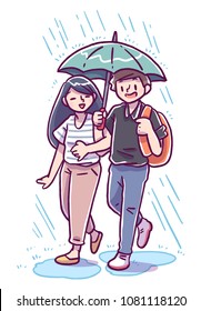 Vector illustration of happy man and woman sharing umbrella walking under the rain