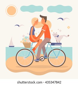 Vector illustration of a happy man, woman and a cat, riding bicycle. Young couple on a summer beach.