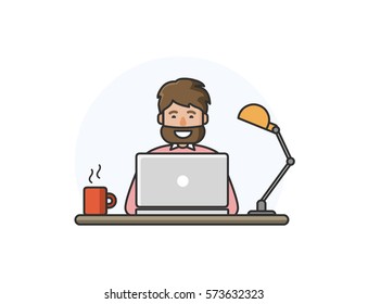 Vector illustration of happy man working on computer. Business process icon 