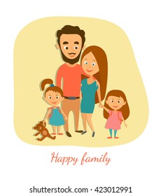 Vector illustration. Happy married couple with children. A man and a woman with two daughters and a teddy bear. Cartoon characters.