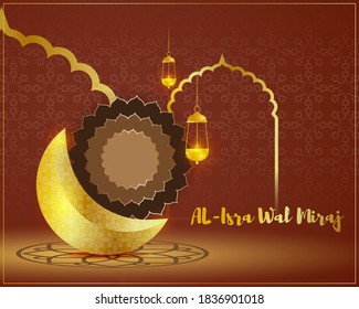 Vector illustration of Happy Mawlid al-Nabi means birth of the Prophet, moon, lanterns, mosque, Islamic greeting banner template.