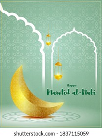 Vector illustration of Happy Mawlid al-Nabi means birth of the Prophet, moon, lanterns, mosque, Islamic greeting banner template.