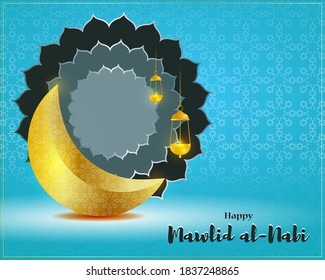 Vector illustration of Happy Mawlid al-Nabi means birth of the Prophet, moon, lantern, beautiful pattern, Islamic greeting banner template.