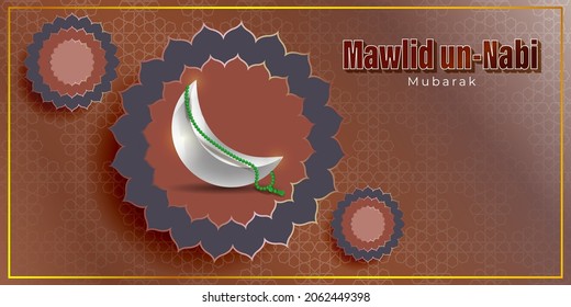 Vector illustration of Happy Mawlid al-Nabi means birth of the Prophet, mosque, moon, lantern, Islamic greeting banner template.