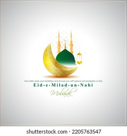 Vector illustration of Happy Mawlid al-Nabi means birth of the Prophet, mosque, moon, lantern, Islamic greeting banner template.