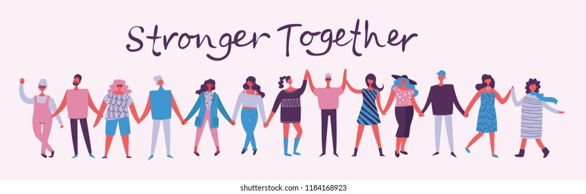 Vector illustration of Happy men and women holding hands together in the flat style. Concept illustration with colored characters.