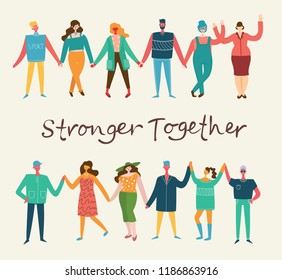 Vector illustration of Happy men and women holding hands together in the flat style. Concept illustration with colored characters.