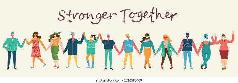 Vector illustration of Happy men and women holding hands together in the flat style. Concept illustration with colored characters.