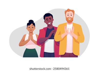 Vector illustration of happy men and women of different nationalities clapping their hands. Positive applause characters. Applause and support. Close-up. Flat style.