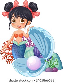 Vector illustration of a happy mermaid with coral