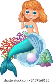 Vector illustration of a happy mermaid with corals