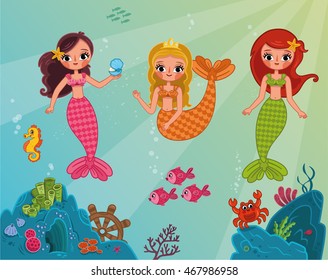 Vector illustration of happy mermaids.