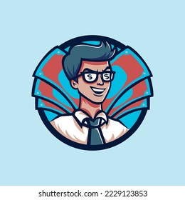 Vector illustration of a happy millionaire investor man. Dollar bills in the background. Dollar sign in glasses.