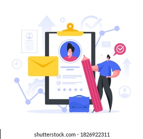 Vector illustration of happy modern man with huge pencil filling and checking curriculum vitae on clipboard while searching for new job