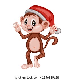 Vector Illustration of a Happy Monkey. Cute Cartoon Monkey with a Christmas Hat on a White Background. Happy Animals Set