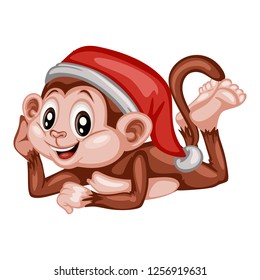 Vector Illustration of a Happy Monkey. Cute Cartoon Monkey with a Christmas Hat on a White Background. Happy Animals Set