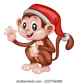 Vector Illustration of a Happy Monkey. Cute Cartoon Monkey with a Christmas Hat on a White Background. Happy Animals Set