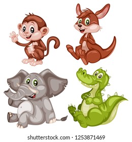 Vector Illustration of Happy Monkey, Kangaroo, Elephant and Alligator. Cute Cartoon Animals Sitting Isolated on a White Background. Happy Animals Set