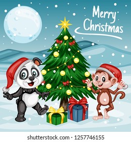 Vector Illustration of a Happy Monkey and Panda Next to Christmas Tree. Monkey and Panda Wearing Christmas Hats. Cute Cartoon Monkey and Panda Cheering On Winter Background. Happy Animals 