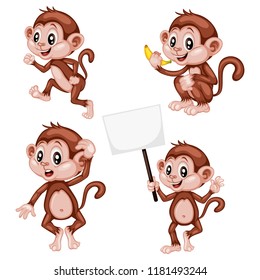 Vector Illustration of a Happy Monkey Set. Cute Cartoon Monkeys in Different Poses Isolated on a White Background. Happy Animals Set. Monkey Walking, Holding a Banner, Cheering, Eating Banana, Thinkin