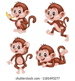 Vector Illustration of a Happy Monkey Set. Cute Cartoon Monkeys in Different Poses Isolated on a White Background. Happy Animals Set. Monkey Walking, Thinking, Cheering, Lying, Eating Banana