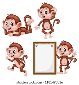 Vector Illustration of a Happy Monkey Set. Cute Cartoon Monkeys in Different Poses Isolated on a White Background. Happy Animals Set. Monkey Walking, Holding a Banner,  Thinking, Lying