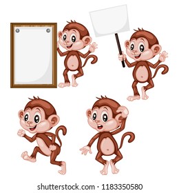 Vector Illustration of a Happy Monkey Set. Cute Cartoon Monkeys in Different Poses Isolated on a White Background. Happy Animals Set. Monkey Walking, Holding a Banner, Cheering, Tinking