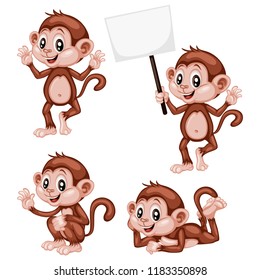 Vector Illustration of a Happy Monkey Set. Cute Cartoon Monkeys in Different Poses Isolated on a White Background. Happy Animals Set. Monkey Walking, Holding a Banner, Cheering, Laying, Waving